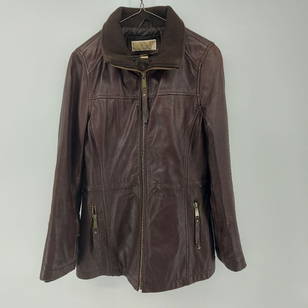Michael Michael Kors Brown Leather Jacket quilted lining Drawstring waist